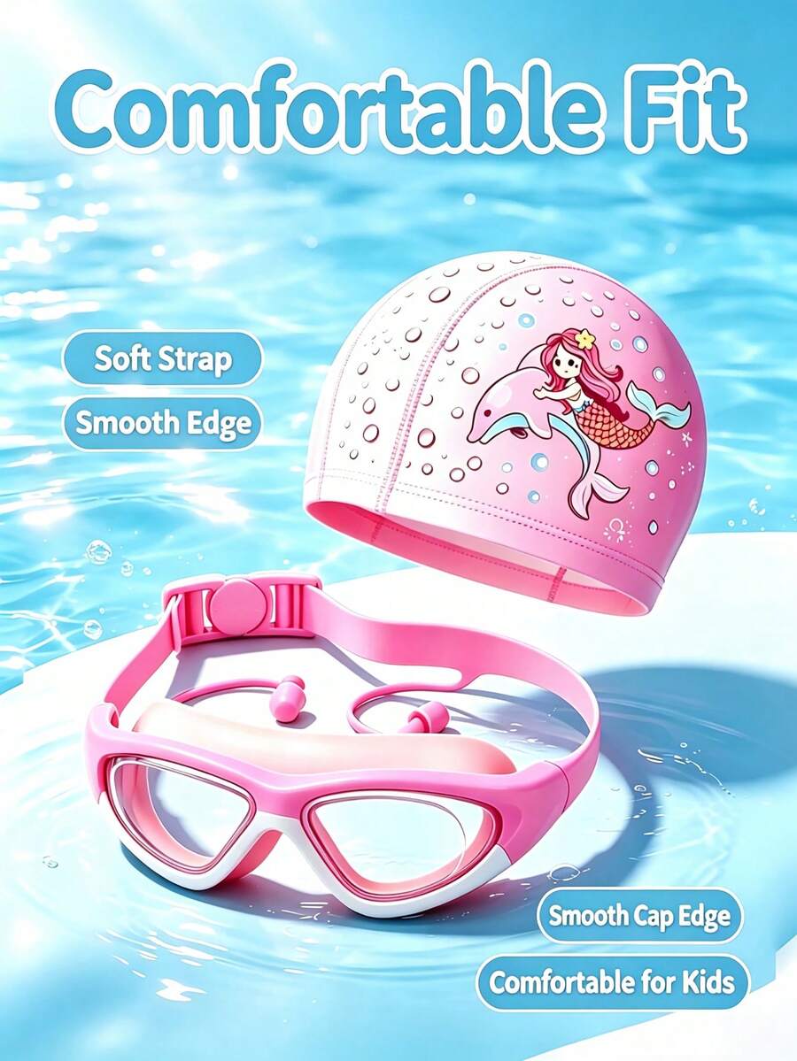 Children's Swimming Goggles & Swim Cap Set, High-Definition Anti-Fog Large Frame Goggles With Earplugs, Soft Waterproof Swim Cap, Snug Fit Without Tightness, For Kids Swimming Training & Water Play, Comfortable & Swimming Gear - Multicolor - View 1