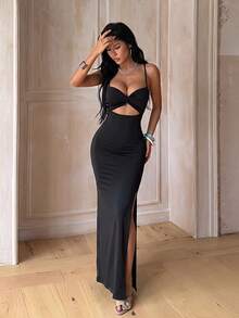 1pc Solid Color Elegant Knit Fabric Sleeveless Dress Beach Summer - Black - View 2