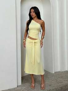 1pc Solid Color Sexy Knit Hollow Out Dress Beach Summer - Yellow - View 1