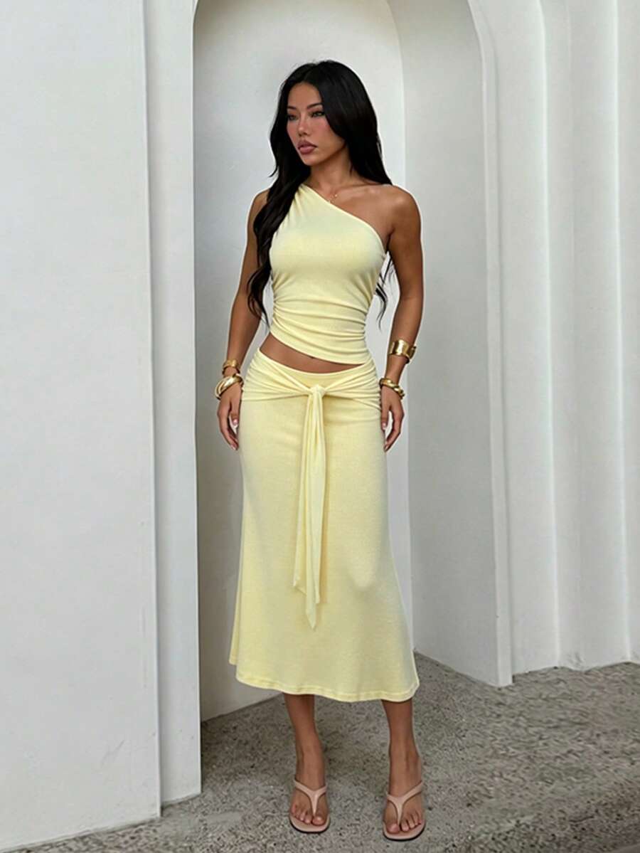 1pc Solid Color Sexy Knit Hollow Out Dress Beach Summer - Yellow - View 1