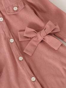 2pcs Young Girl Stylish Fashionable Turn-Down Collar Puff Sleeve Button-Up Long Sleeve With Detachable Cinched Waist A-Line Dress, Spring/Autumn - Dusty Pink - View 4