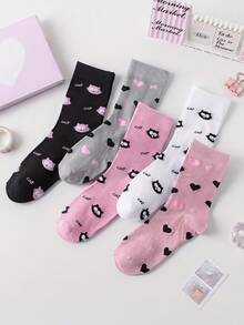 1/5/2 Pairs Women's Random Cartoon Cat Heart Letter Solid Color Fashion Mid-Calf Socks, Soft Comfortable All-Season Versatile Preppy Style Suitable For Daily Wear And Outings - Multicolor - View 1