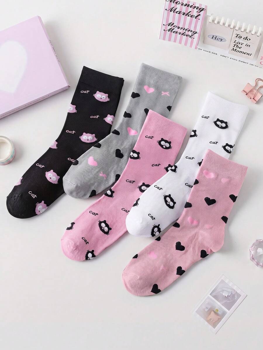 1/5/2 Pairs Women's Random Cartoon Cat Heart Letter Solid Color Fashion Mid-Calf Socks, Soft Comfortable All-Season Versatile Preppy Style Suitable For Daily Wear And Outings - Multicolor - View 1