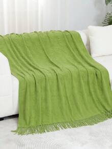 1pc Chain Pattern Rug, Nordic Style Acrylic Rectangular Solid Color Knitted Bed Blanket, Suitable For Home Daily, Office, Nap Use - Grass Green - View 1