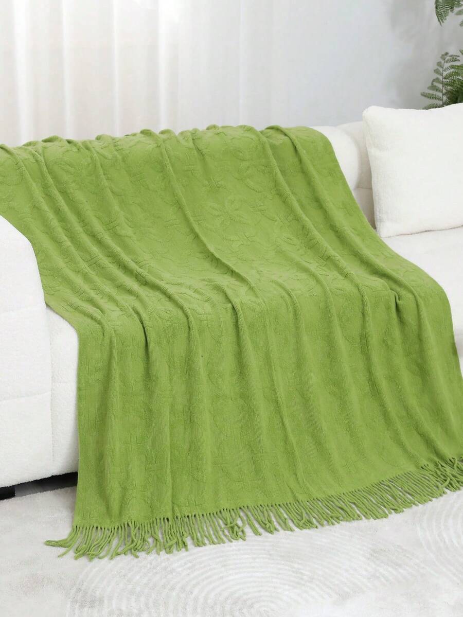 1pc Chain Pattern Rug, Nordic Style Acrylic Rectangular Solid Color Knitted Bed Blanket, Suitable For Home Daily, Office, Nap Use - Grass Green - View 1