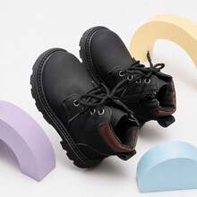 1 Pair Kids Black Contrast Color Lace-Up Side Zipper 2-Way Wear Ankle Boots, Suitable For Autumn/Winter Outdoor And School - Black - View 6