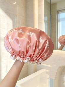 2pcs Double Layer Satin Cute Bow Print Shower Caps, Reusable Waterproof Bath Hair Caps, Suitable For Women And Girls, Elastic Ruffle Design, Soft Silky Hair Cover, Ideal For Shower, Spa, Salon, Hotel And Home Daily Use, Perfect Holiday Gift For Women[1pc] - Multiple Styles - View 16