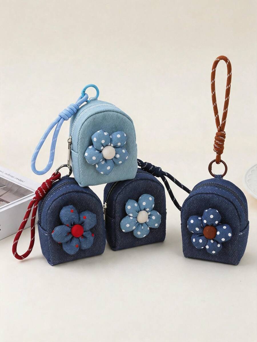 Cute Denim Mini Coin Purse, 3D Flower Decor Zipper Wallet, Portable Keychain Pouch, Small Earphone Storage Bag For Women Girls Gift - Multicolor - View 1