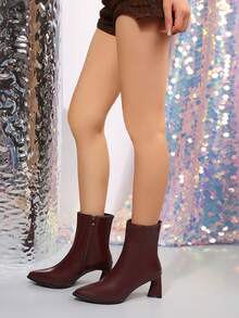 2024 New Women's Chunky High Heel Elastic Slim Sock Boots Mid-Calf Ankle Boots - Burgundy - View 3