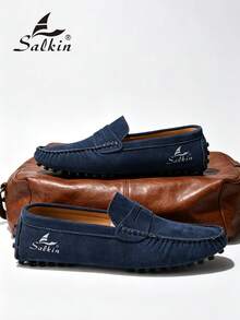 Salkin 设计师时尚男士一脚蹬乐福鞋，柔软仿麂皮休闲鞋，铆钉设计，防滑橡胶鞋底，适合驾驶、商务、派对、婚礼、春夏/秋季，加大码，多种颜色可选，请选择大一码时尚秋季 - 深藍色 - 查看 9