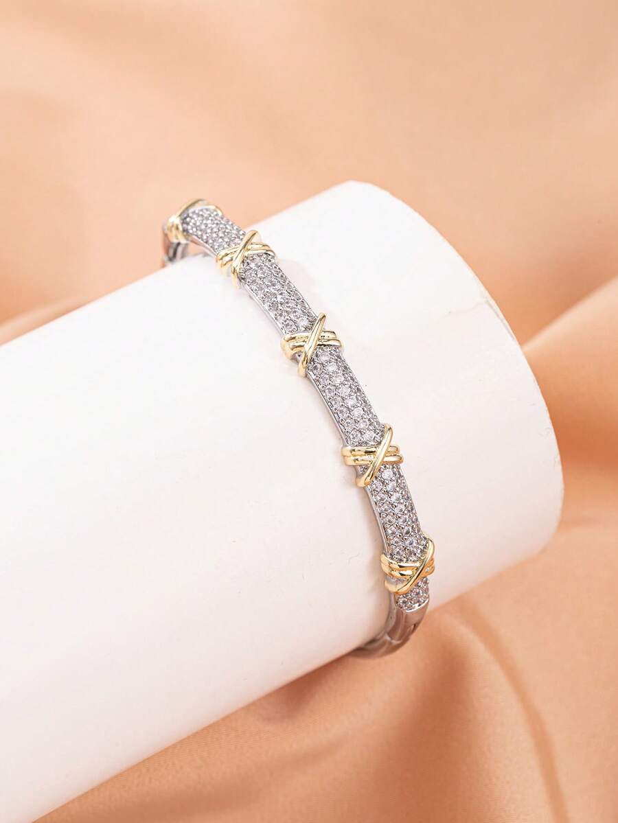 1pc Glam Two‑Tone Alloy Inlaid Cubic Zirconia Cross Knot Design Bangle Bracelet For Girls Teens Birthday Gift Wear - Multicolor - View 1