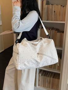 女款大容量旅行行李包，星星印花圖案，多個外部口袋，布料材質，可拆卸可調節寬肩帶，多隔層收納搭配多個拉鍊開口，清新簡約風，多功能手提斜背運動包，適用短途旅行、健身、出遊、上學、通勤 - 米色 - 查看 5
