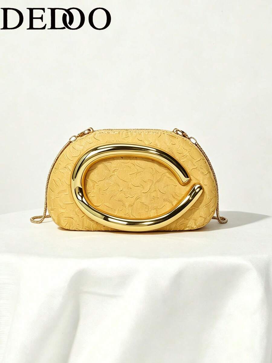 Women's Oval Hard Shell Evening Clutch Bag, 3D Embossed Embossed Pattern, Curved Metal Handle, Elegant Luxury Style, Suitable For Women's Wedding, Ball, Banquet Use