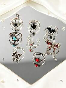 15/25Pcs/Lot Vintage Punk Colorful Stones Men Women Rings Spider Skeleton Bat Random Styles Festival Party Gifts For Friends Daily Wearing Accessories - Vintage Black Stone Flower Gun Black Punk Ring - View 6