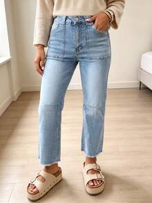 Women's Casual Light Wash Denim Jeans, Long Straight Leg Design, With Button And Pocket Details, Non-Stretch Fabric, Suitable For Daily Wear - Light Wash - View 5