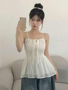 Women's Solid Color Bowknot Front Design Camisole, Fresh Style For Spring/Summer Casual White - White - View 3