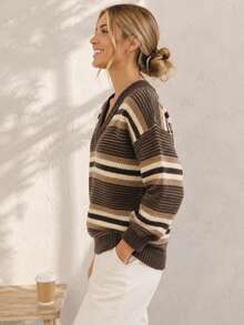 Plus Size V-Neck Gradient Striped Textured Knit Sweater, Drop Shoulder Loose Long Sleeve Pullover, Suitable For Autumn/Winter, Casual, Commute - Coffee Brown - View 4