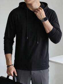 Men's Spring/Autumn Hooded Slim Fit Regular Shoulder Long Sleeve T-Shirt - Black - View 1