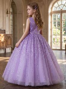 Tween Girl Purple Sequin Luxurious Dress, Fluffy Tulle Birthday/Wedding Party Formal Gown - Purple - View 2
