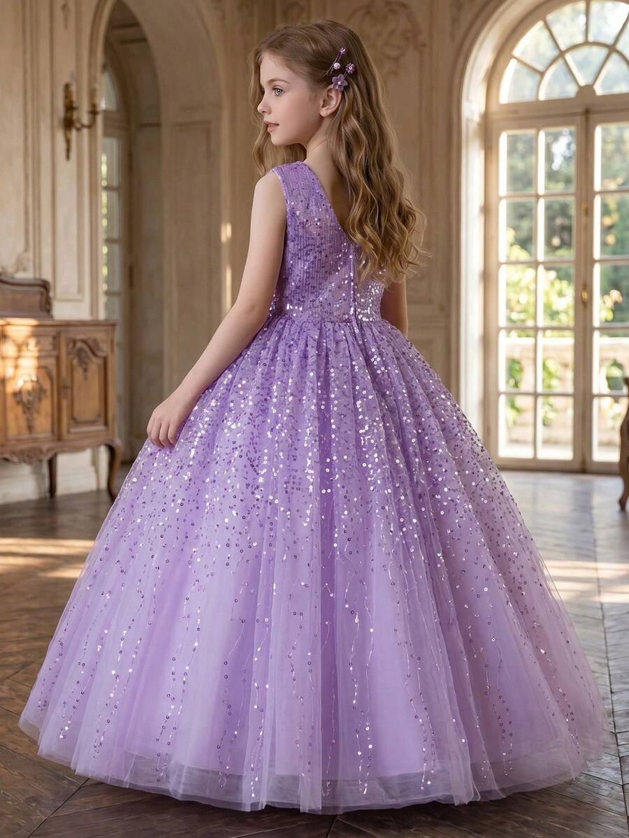 Tween Girl Purple Sequin Luxurious Dress, Fluffy Tulle Birthday/Wedding Party Formal Gown