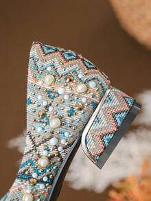 Heavy Beaded Rhinestone Pointed Toe Low Heel Women's Slip-On Shoes, Vintage Jacquard Fabric Party Wedding Shoes - Color - View 10