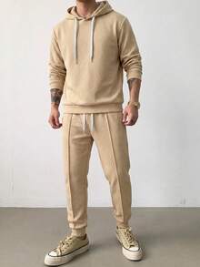 Blueprint Man 2-Piece Men's Sweatshirt Set, Hooded Drawstring Sweatshirt Paired With Matching Fabric Joggers, 3D Diagonal Twill Jacquard Fabric With Rich Texture, Ribbed Cuffs For A Fitted Look, Minimalist Casual Style For Home, Daily Wear, And Commuting - Khaki - View 3