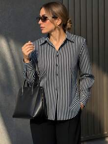 1pc Women's Classic Vertical Striped Collared Shirt, Smooth Drape Slim Fit Long Sleeve Commuter Blouse, Flattering Versatile All-Match Top For Light Office Wear, Casual Daily Spring/Autumn Layering - Blue - View 5
