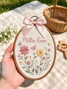 Custom Name Embroidered Hoop Wall Decor, Handmade Wildflower & Butterfly Pattern Embroidery Art Frame With Satin Bow, Personalized Text Wall Plaque, Bohemian Style Room Wall Decoration - Multicolor - View 2