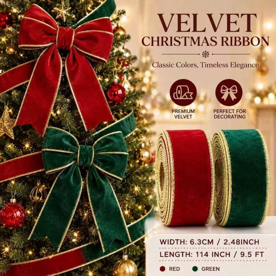Red & Green Velvet Christmas Ribbon, 2.48" X 114", One-Piece Red Patterned Gold Trim Ribbon, High-Quality Y-Shaped Velvet Satin Ribbon, Suitable For Christmas Tree Decoration, Holiday Gift Wrapping, Wreaths, Crafts - Multicolor - View 1