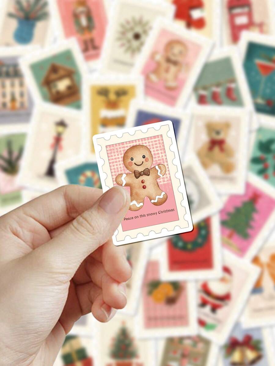 50pcs Christmas Vintage Postage Stamp Stickers For Scrapbooking, Phone Case, Notebook, Diary, Tablet, Planner, Luggage, Guitar, Skateboard, Violin Decoration - Vintage Christmas Stamps - View 1