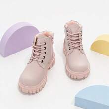 1 Pair Girls Pink Thick Sole Lace-Up Side Zipper 2-Way Wear Ankle Boots, Suitable For Outings And Shopping, Autumn/Winter Outfit - Baby Pink - View 1