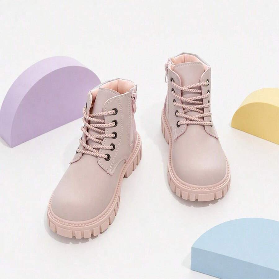 1 Pair Girls Pink Thick Sole Lace-Up Side Zipper 2-Way Wear Ankle Boots, Suitable For Outings And Shopping, Autumn/Winter Outfit - Baby Pink - View 1