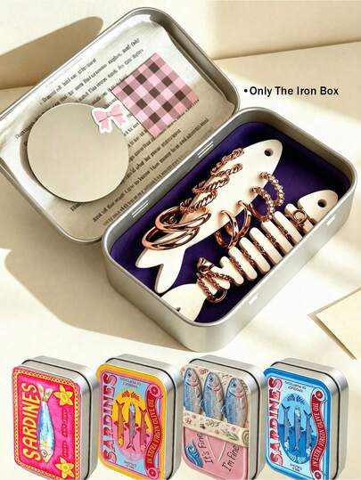 Färgglad vintage sardinburk med platt mönster, rektangulär metallbox med flip-top, DIY mini bärbar förvaringsbox, liten förvaringsbehållare och mini vikbar metallbox, smyckes- och örhängesförvaringsbox med fiskben- och fiskryggsdesign, perfekt för förvaring av smycken, piller, sytillbehör och andra småsaker, fin present till familj och vänner, högtidspresent, skolstartspresent, partyfavorit