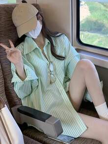Autumn Casual Striped Drop Shoulder Loose Fit Shirt Random Patchwork - Green - View 4