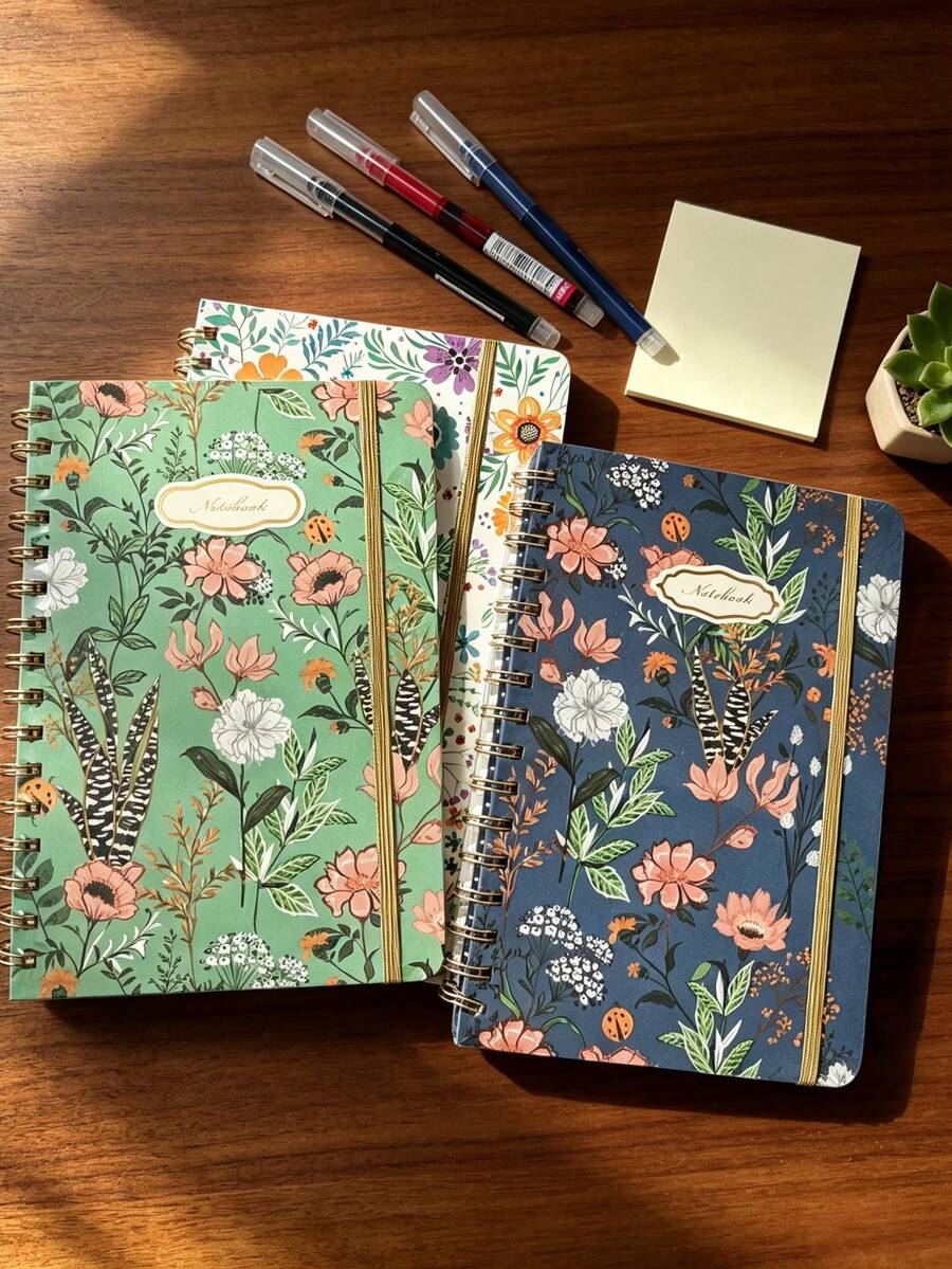 4pcs A5 Notebook Set, Includes 3-Color Liquid Ink Pens + 1pc Notebook, Hardcover Floral Notebook With Pen Holder Strap, Metal Spiral Binding, Home Bill Tracking, Learning Knowledge Recording, Suitable As Gift, Student/Adult Girl Diary, Office/Study Supplies, Birthday Gift, School Stationery - Multi-color - View 1