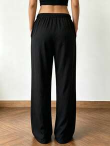 Women's Solid Color Minimalist Casual Pants, Loose Straight Leg Wide Leg Long Pants, Versatile Home Sleepwear - Black - View 2