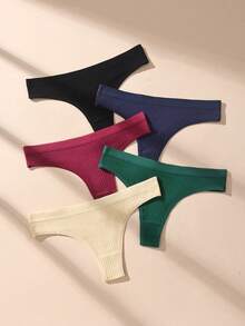 5pcs Solid Color Low Waist Ribbed Cotton Sexy Women's Thong Panties, Elastic Soft Comfortable Ladies Underwear - Multicolor - View 4