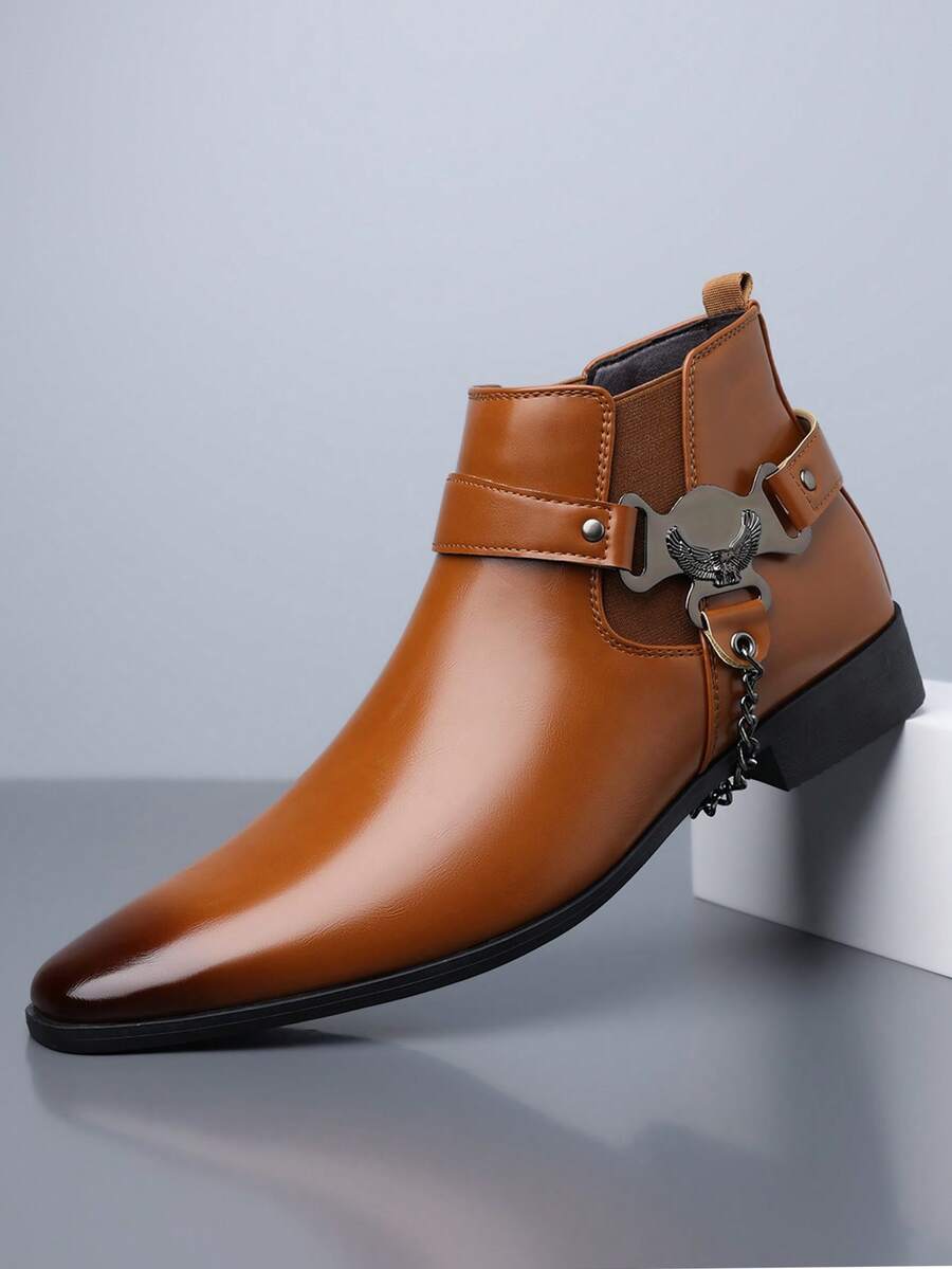 1 Pair Men's Chain Decor Pointed Toe Mid-Top PU Upper Rubber Sole Comfortable Casual Shoes For Daily Wear And Party - Brown - View 1