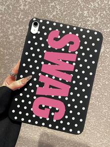 1pc Y2K Millennium Hot Girl Style Black Background White Polka Dot SWAG Fuchsia English Print Tablet Protective Case, Ins Influencer Cool Personalized Full Coverage Anti-Drop Black Matte Soft Shell, Suitable For Personal Use, Birthday Gift Choice; Compatible With Ipad Case, - Black - View 3