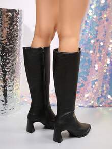 2025 Women's New Chunky High Heel Elastic Slimming Sock Boots Mid-Calf Ankle Boots - Black - View 6