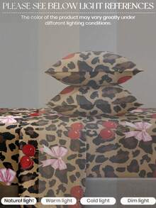 4-Piece Brown Leopard Print Cherry Bedding Set, Includes 1 Fitted Sheet, 1 Flat Sheet, 2 Pillowcases (Pillow Inserts Not Included). Suitable For King, Queen, Full, Twin Sizes, Mattress Depth Up To 11.8 Inches. Soft, Breathable And Wrinkle-Resistant - Brown - View 7