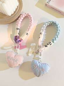 1pc Niche Personalized Pink Plaid Heart Pendant Phone Case Lanyard Short Wrist Strap Bag Charm Nylon Rope Universal Phone Lanyard - Multicolor - View 2