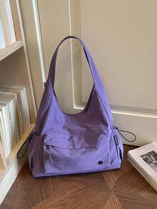 Women's Solid Color Nylon Fabric Drawstring Shoulder Tote Bag, Side Pockets, Zipper Closure, Large Capacity, Casual Style, Suitable For Daily Commute And Travel, All Season - Purple - View 2