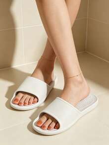 Women's Shower Shoes Home Slippers, Hollow Water-Draining Massage Slides, Cream White EVA Soft Lightweight Quiet Minimalist INS Style For Bathroom, Shower, Home, Hotel - White - View 6