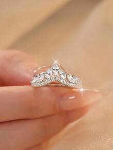 1pc Minimalist Fashion Cubic Zirconia Crown Copper Alloy Open Ring, Suitable For Women's Wedding And Party Wear - Silver - View 5