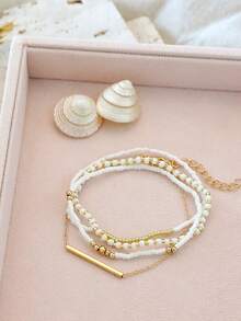 4pcs Bohemian Style Elastic Beaded Bracelets CCB Rice Beads Single Strand Bracelet Minimalist Fashion Personalized Beach Style Hand Jewelry For Women (Mixed Rice Beads, Non-Positioned) - Gold - View 4