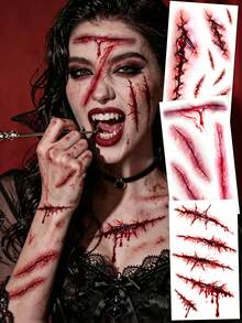 3Pcs Realistic Scar Temporary Tattoos, Fake Stitched Scar & Bleeding Wound Tattoo Stickers, Waterproof Sweat Resistant, Easy To Apply, Great For Halloween Party Costume Prank - Red - View 7