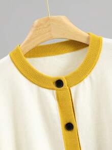 GIGOGOU Plus Size 1XL-4XL Women's Autumn/Winter Colorblock Striped Knit Cardigan, Round Neck Front Button Long Sleeve Casual Knit Jacket - Yellow - View 8