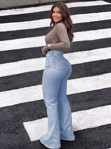 Fashion Back Pocket Embroidered Bow Decoration Skinny Flare Jeans Casual Spring Fall - Light Wash - View 5