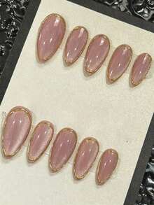 10pcs Handmade Medium Almond Shape Pink Cat Eye Glitter Gold Mirror Powder Curly Fashion High-End False Nails - Purple - View 4